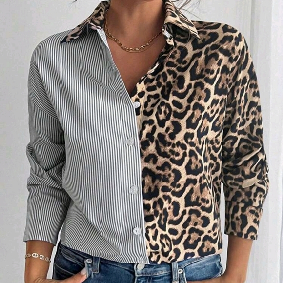 French Elegant Leopard Print Contrast Color-Block Striped Loose Casual Shirt - Picture 3 of 5